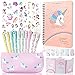 Jolintek Stylos Licorne Ensemble de Papeterie, Stylo à Bille et Trousse Pencil Case et Carnet et Notes Autocollantes, Licorne Papeterie Fourniture Cadeau d'école pour Filles Enfants (25 pièces)