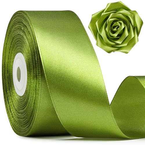 Image of Mauproy 1-1 /2 Inch Wide Olive Green Satin Ribbon, 50 Yards Solid Polyester Fabric Ribbon for Flower Bouquets, Gift Wrapping, Wedding Decorations, Handmade Crafts