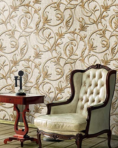 Image of Eurotex Damask Design Wall Paper for Wall Decor Roll for Covering Living Room, Bedroom Walls (Luxury Vinyl Coated 57 sq.ft Roll, Cream)