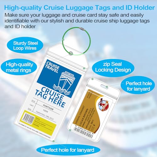 4 Pack Cruise Luggage Tag Holder for Carnival, MSC, Costa, NCL & Princess Cruise Ships, 2 Pack Cruise Lanyard and ID Holder Suitable for Cruise Card, Clear Tags Zip Seal Reusable Cruise Trip Essential3