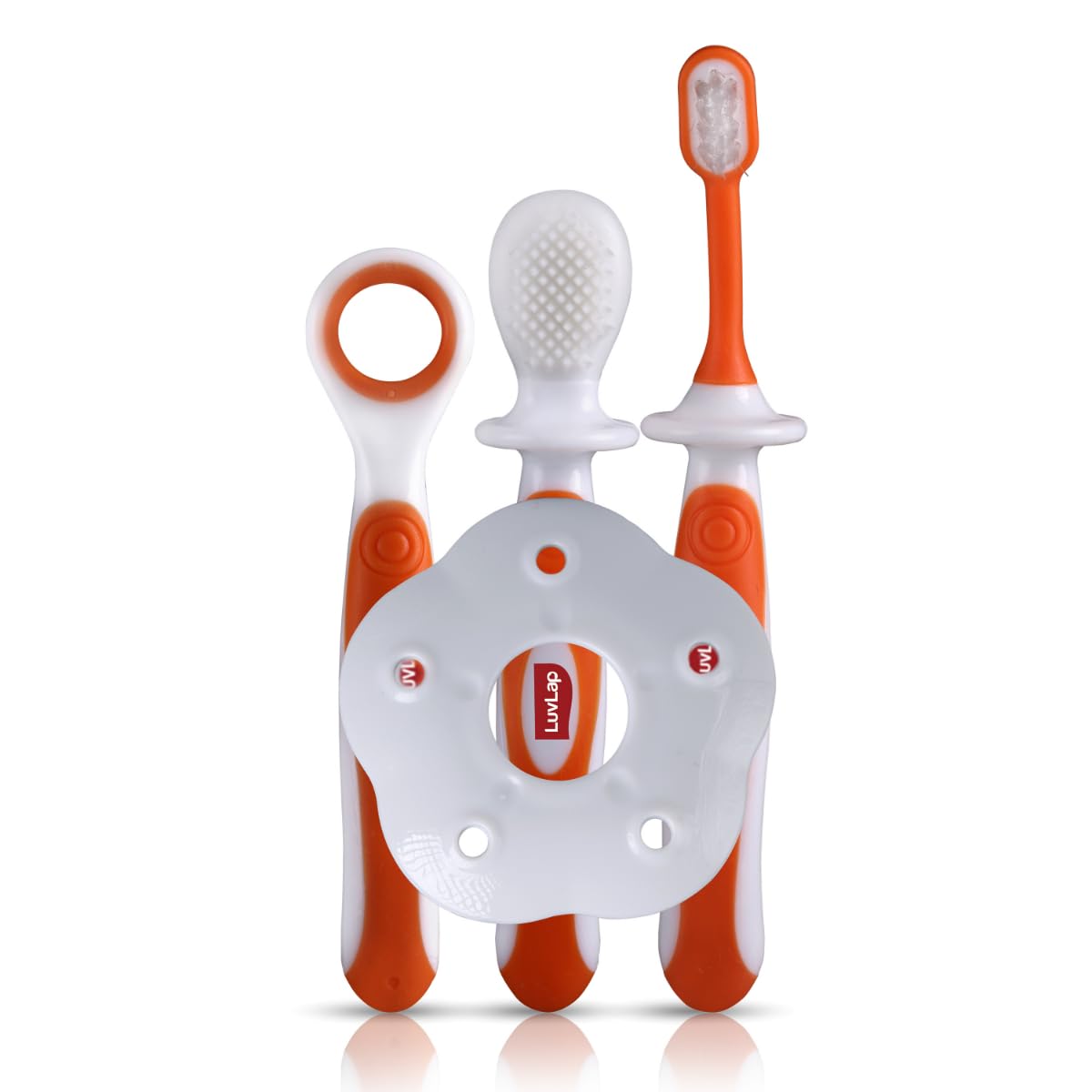 Baby Training Manual Toothbrush Set with Anti Choking Shield, Teeth Tongue Cleaner, Baby Oral Hygiene, 3 Pcs, (White/Orange).