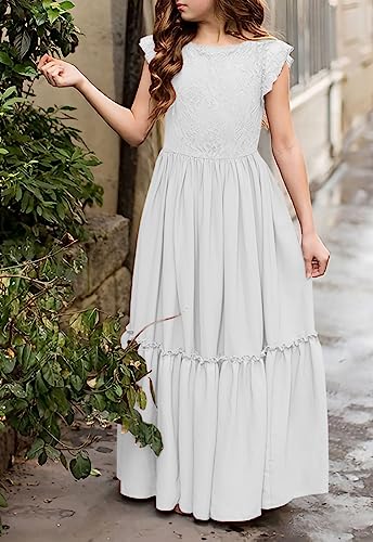 Image of MITILLY Girls Lace Flower Ruffle Sleeve A-Line Swing Wedding Party Maxi Dress with Pockets