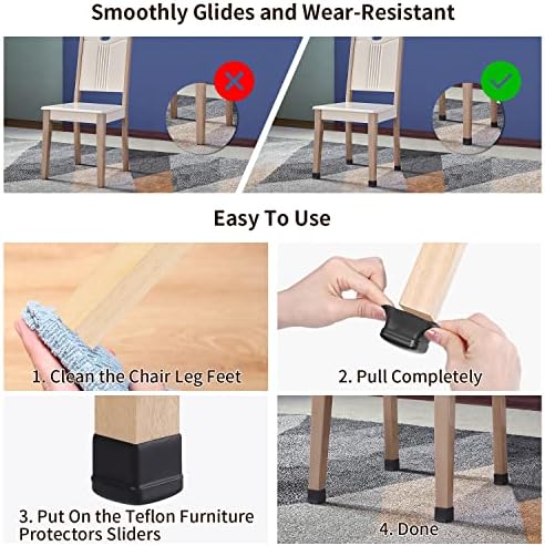 RCHYFEED 24 PCS Chair Leg Caps Sliders for Carpet, Chair Leg Floor Protectors Sliders for Carpet, Silicone Furniture Leg Caps Cups Gliders, Smoothly Slide No Scratches, 0.75-1" Black Square