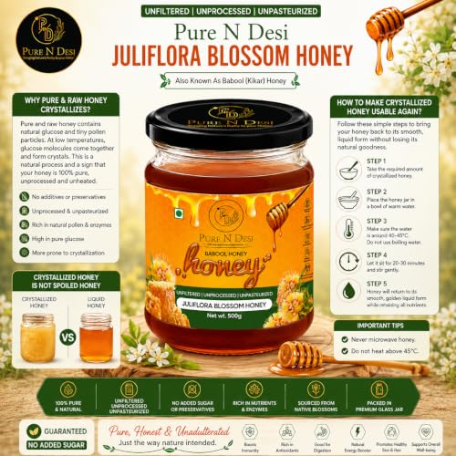 Image of PURE N DESI Raw Juliflora Honey 500g | Unprocessed Babool Honey Glass Jar | Raw Juliflora (Babool) Honey | Unprocessed | No Added Sugar | Wild Forest Honey | 500g Glass Jar