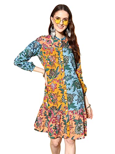 Image of Indo Era Women's Cotton Floral Printed Midi A-Line Ethnic Dress
