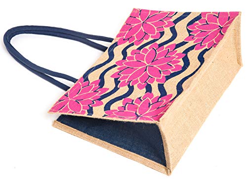 Image of H&B Jute Shopping Tote - Eco-Friendly Carry Bag for Grocery, Travel, Shoulder | Reusable Handbag With Lotus Flower Design (1 Beige)