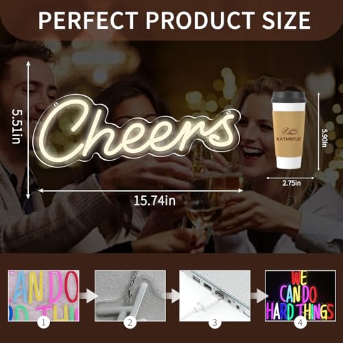Image of LED Cheers Neon Sign for Home Bar, USB Powered Warm White Bar Light with Dimmable Control, Wedding Party Wall Decor for Kitchen Restaurant 15.75x5.51