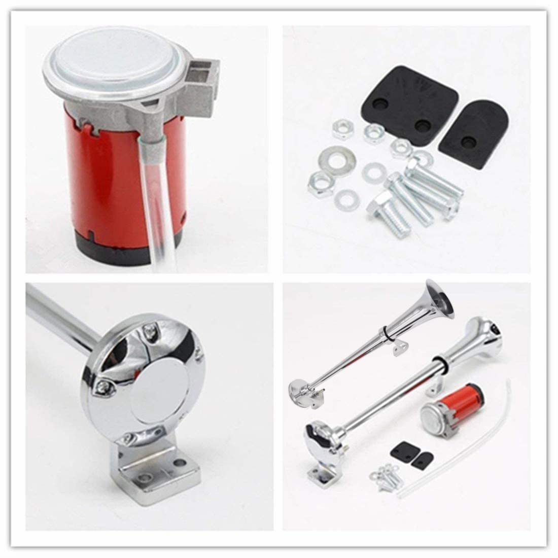 Clacson Pneumatico 24V 175dB Per Auto E Camion – Doppio Tubo In Zinco Cromato Con Compressore Rosso – Kit Completo
