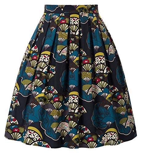 GRACE KARIN Donne Print Vita Alta Pieghe del Chiarore di Lunghezza del Ginocchio Gonna Longuette CL6294-42 L