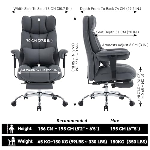Image of Efomao Executive Office Chair, Bluegrey Fabric Big and Tall Desk Chair | Breathable fabric, pocket spring & foam seat, retractable footrest, 135 recline for computer gaming setup