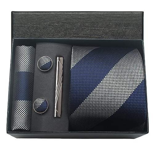 Image of Striped Plaid Polka Dot Mens Tie Formal Necktie Pocket Squares Ties Clips Cufflinks Classic for Men Set