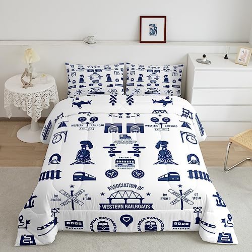 Feelyou Train Comforter Queen Size Public Vehicles Comforter Set for Boys Girls Children Cartoon Trucks Bedding Set Room Decor Blue Theme Duvet Set 3Pcs