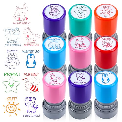 Kuvarix Selbstfärbende Lehrer Stempel, 9 Stück Lob Ermutigung Kinder Stempel, Lehrer Bewertung Belohnung Motivation Briefmarken, Lehrer Geschenk, Deutsch Siegel für Kinder, Bildung, Lehrer