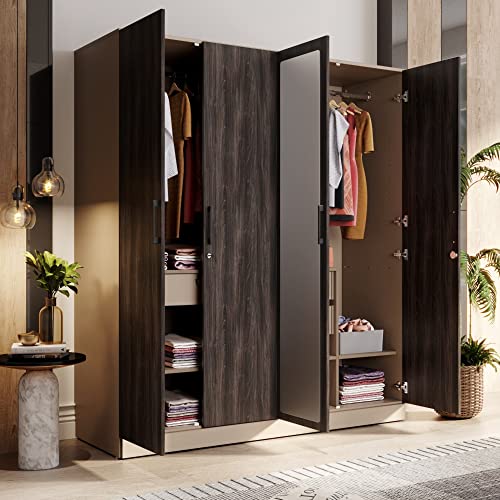 Image of Wakefit Wardrobe | 1 Year Warranty | Engineered Wood Almirah, Cupboard for Clothes Storage | 4 Door, Mirror, 5 Shelves, 1 Partition, 3 Drawers, 2 Hanging Space | Cashmere Plus - Frappe-Wyoming Maple