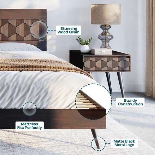 Image of Bme Georgina Signature Bed Frame with Handcrafted Geometric Headboard, Mid Century Modern, Solid Acacia Wood, No Box Spring Needed, 12 Strong Wood Slats Support, Easy Assembly, Walnut, King