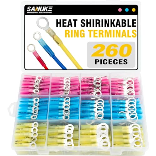 260PCS Sanuke Marine Grade Heat Shrink Ring Connectors, Tinned Copper Heat Shrink Wire Connectors 12-10 16-14 22-16 (3Colors/4Sizes) #10,1/4
