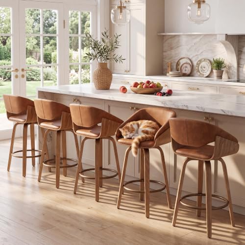 Image of 26 inch Swivel Bar Stools Set of 5, Brown Faux Leather Counter Height Barstools | 360 Swivel Bar Height Stools, Barrel Backrest, Solid Wood Frame, Round Footrest, Counter Stools for Kitchen Island, Home Bar