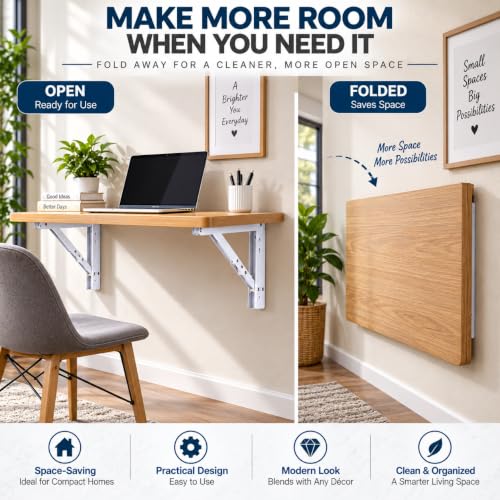 Image of Compal 20 Inch Folding Shelf Brackets for Wall Mounted Table, Heavy Duty Metal Foldable Bracket Pair for Study Table, Laptop Desk, Work Table & Shelf, Space Saving 90 Locking Support, White