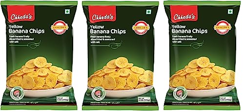 Chheda's Yellow Banana Chips Trio Pack (170g x 3) | Authentic Indian Namkeen Snack | Crispy Plantain Chips | Traditional South Indian Style Banana Wafers | 100% Vegetarian | Gluten-Free & Vegan