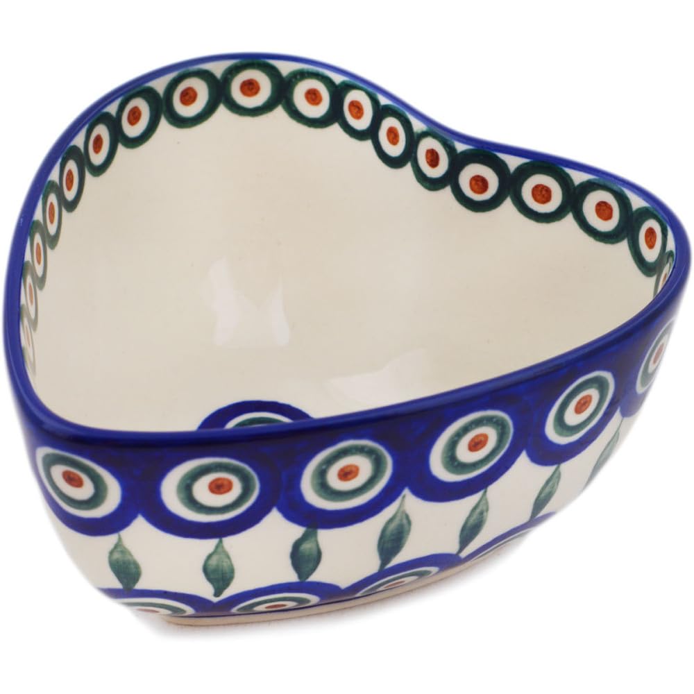 Authentic Polish Pottery Heart Shaped Bowl 5-inch in Peacock Leaves Design Handmade in Boles?awiec Poland by Ceramika Artystyczna + Certificate of Authenticity