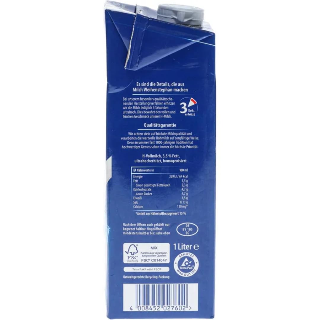 Milch Weihenstephan fettarme H-Milch 3,5% Fett, je 1 Liter, 60 Stück + Pufai