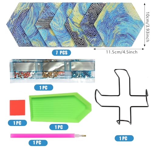 Image of 7 Piece Hexagon 5D Diamond Painting Coasters Set with Holder - DIY Puzzle Coasters Set Inspired by Van Gogh's Starry Night Mosaic Art Cup Mats for Table Decoration & Gift