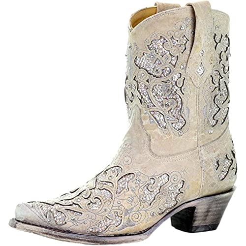 CORRAL Women's Snip Toe Wedding Embroidered Glitter Inlay and Crystals Handcrafted Pull-On Leather Over-The-Ankle Mid Calf Boot, White, 7