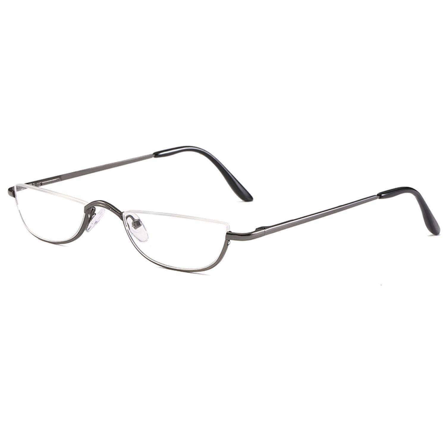 KoKoBin Unisex Lesehilfe Half Moon Halbrandrahmen aus Metall Federscharnier ultradünne Lesebrille(Grau,+3.5)