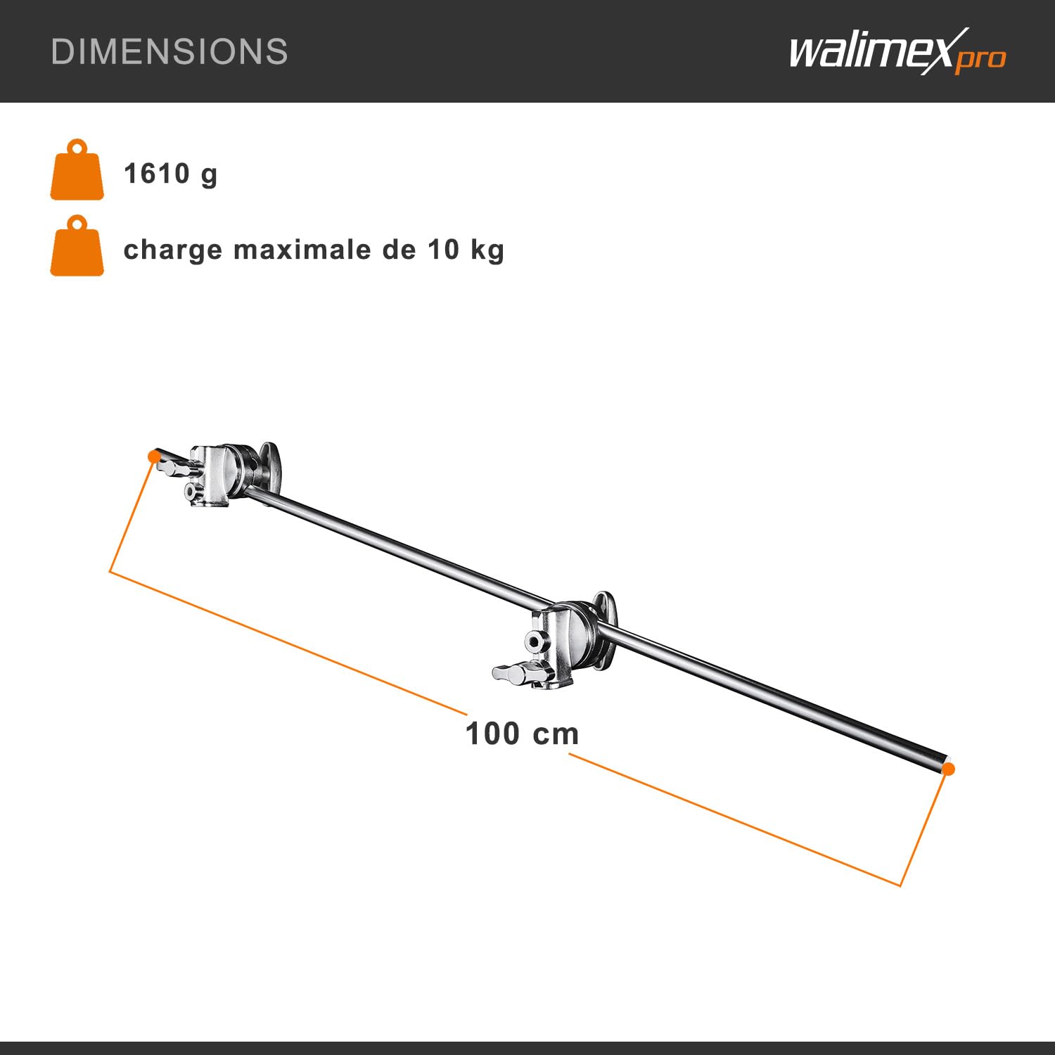 Walimex Pro Trépied girafe avec 2 pinces à vis de serrage, 100 cm, (par ex. pour utilisation sur trépied de lampe ou barres transversales)