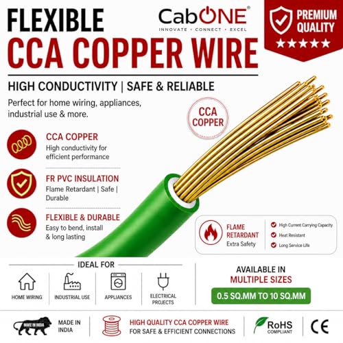 Image of CabONE 2.5 SQ.MM FR PVC Insulated Copper Electrical Wire, 90 Meter (Green, Pack of 2) | ISI Marked Fire Retardant Single Core Cable for Home Wiring
