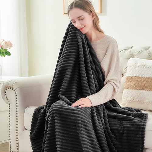 Image of BEDELITE Fleece Blanket King Size - 3D Ribbed Jacquard Soft and Warm Decorative Fuzzy Blankets - Cozy, Fluffy, Plush Lightweight Throw Blankets for Couch, Bed, Sofa(Black, 108x90 inches)