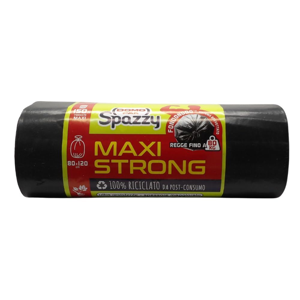 Sacchi Nettezza MAXI STRONG, Formato 150L, Misura 80x120 cm. Ultra Resistente - Spessore Maggiorato. Rotolo Da 10 Sacchi Neri (6 Rotoli)