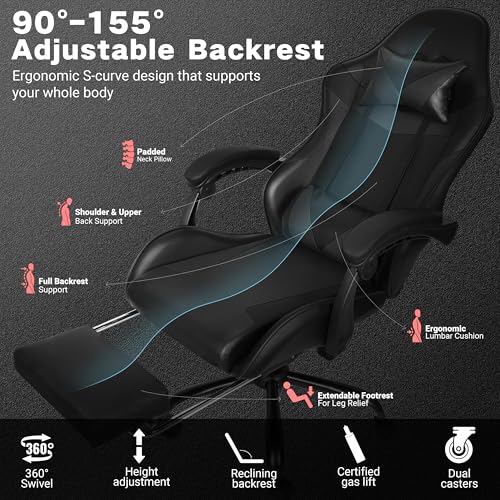Image of Gaming Chair, Ergonomic Computer Chair with Footrest and Lumbar Support, Height Adjustable Office Chair with 360 Swivel Seat and Headrest (Black)