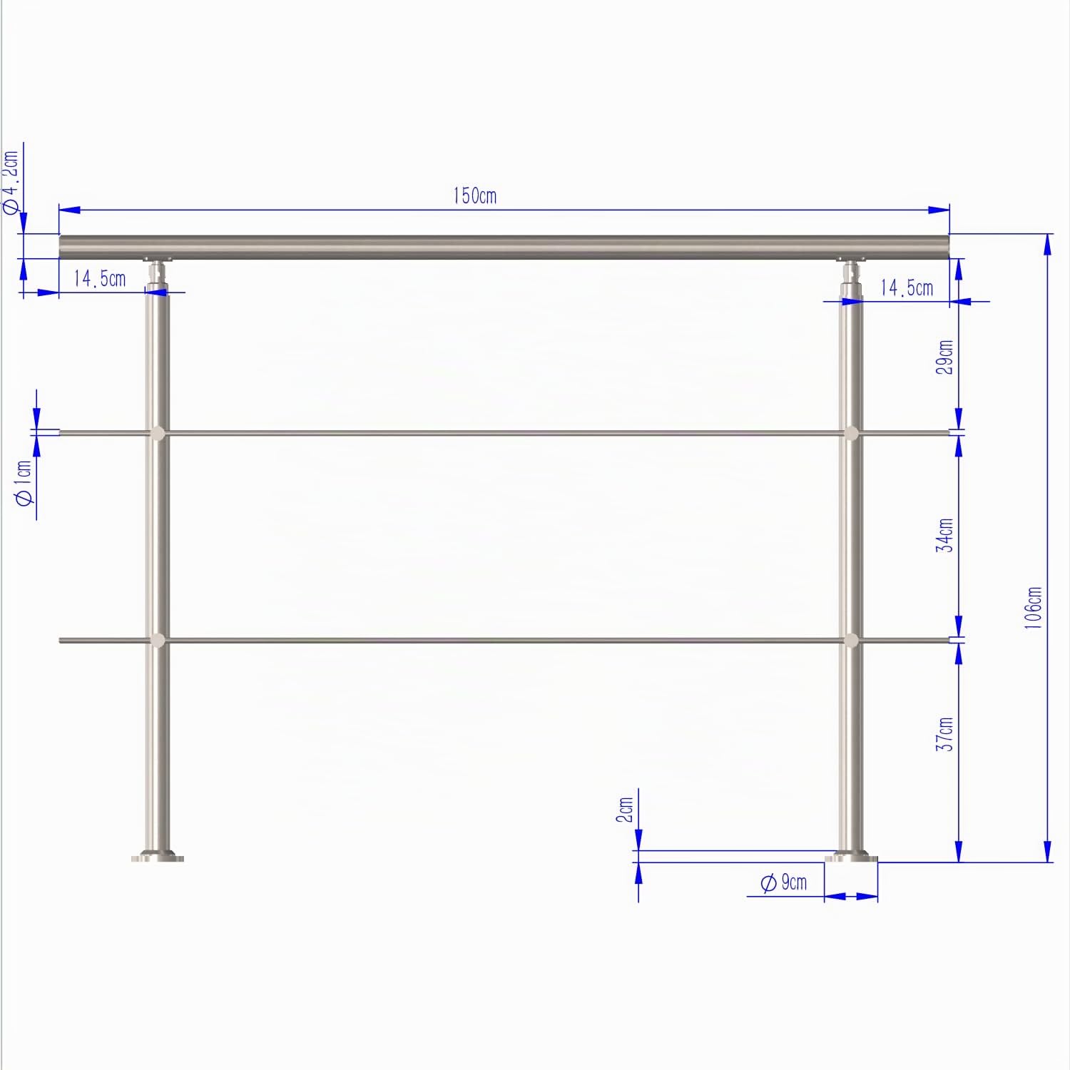 Corrimano in acciaio inox, ringhiera per scale, parapetto, balcone, con 2 barre trasversali, per interni ed esterni, in acciaio inox, balcone (150 cm, 2 barre trasversali)