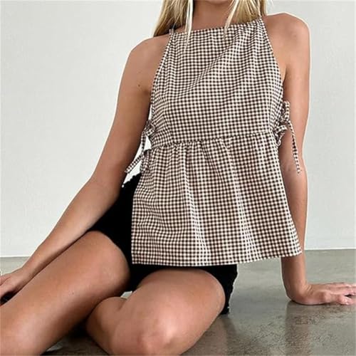 Women Tie Side Tank Top Sleeveless Split Peplum Coquette Shirt Plaid Trendy Going Out Summer Tops Y2k Streetwear4
