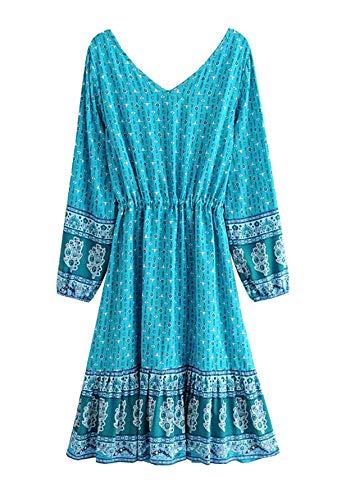 R.Vivimos Women's Autumn Long Sleeve Floral Print V Neck Knee Length Dress (Small, Blue)