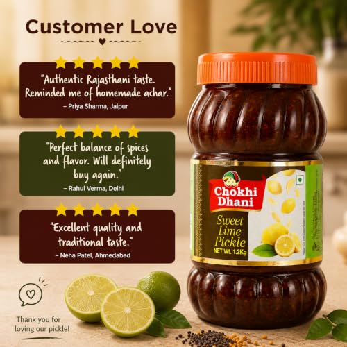 Image of Chokhi Dhani Sweet Lime Pickle 1.2kg | Khatta Meetha Nimbu Achar | Sweet & Sour Lemon Pickle | Oil Free | No Artificial Flavours | Traditional Indian Pickle | Veg
