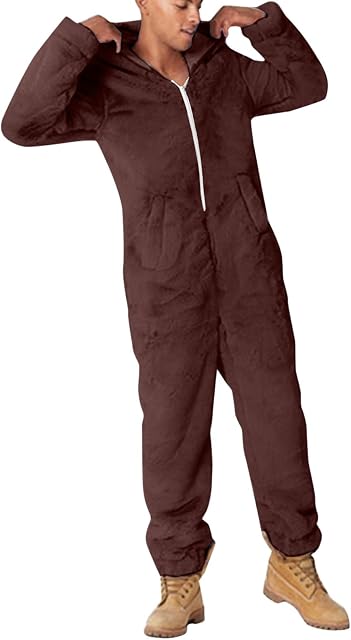 GENJ Men's Jumpsuit Fleece Pyjamas Men Artificial Wool Long Sleeve Pajamas Casual Tracksuit Solid Color Zipper Loose Hooded Mens Jumpsuit Pajamas Unisex Nightwear Hooded Winter