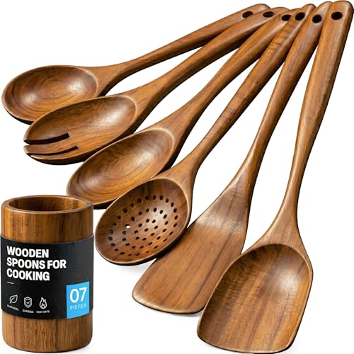 Image of Zulay Kitchen 7-Piece Wooden Cooking Spoons Set - Heat-Resistant, Smooth Teak Utensils with Comfort Grip - Lightweight & Durable - Easy to Clean, Perfect for Non-Stick Cookware