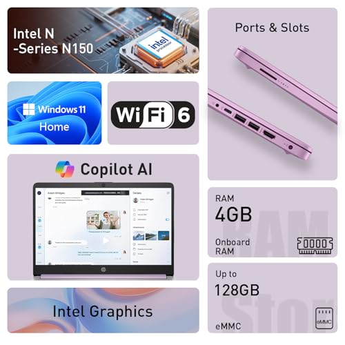 Image of HP dq6012dx 14 inch Laptop, Intel N150 Processor (Up to 3.6GHz), 4GB RAM, 128GB eMMC Storage, 14-inch Micro-Edge Display, Wi-Fi 6, Webcam, HDMI, Windows 11 Home in S Mode, Purple, Bundle with PCO Cooler