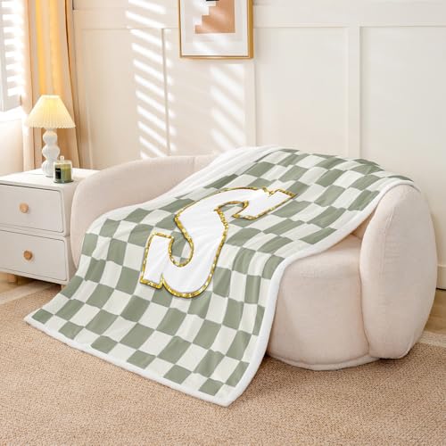 Image of Erosebridal Sage Green Checkered Fleece Blanket 40 inchx50 inch Plaid Initial S Sherpa Blanket Personalized Monogram Fuzzy Plush Throw for Kids Boys Girls,Fashion Grids Gingham Decor for Bed Couch