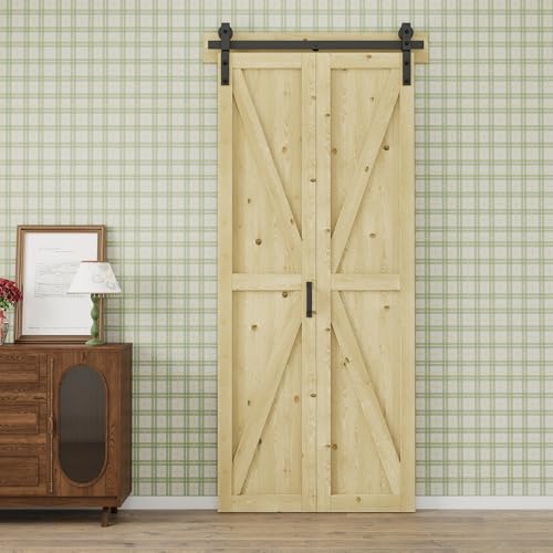 Puerta Granero Plegable 40" x 84" con Herrajes Kit de 44" Incluido, Paneles Preensamblados de Madera de Pino sin Acabado, Resistente a Rayaduras para Clósets miniatura 2