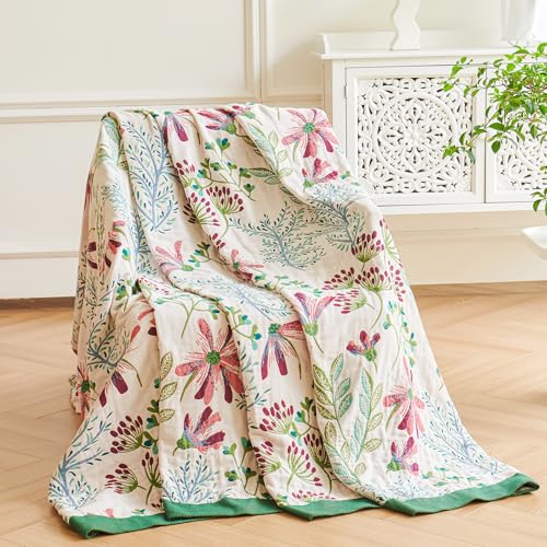Image of VANJOROY Boho Throw Blanket, 100% Organic Cotton Breathable Ultra Soft 50 inch x 60 inch Bed Quilt Throw - All Season Floral Rustic Farmhouse Decor Luxury Reversible Blanket for Sofa Couch Chair and Gift