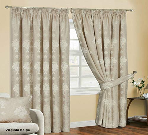Householdfurnishing Redy Made Luxury Jacquard Fully Lined Curtain Pair Pencil Pleat With Free Tie Backs (Beige Curtain, 90" x L 108")