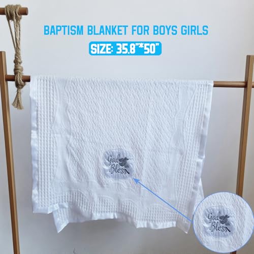 Baptism Blanket Christening Gifts for Boys Girls White Knit Crochet Soft Embroidered Neutral Baby Blanket with Satin Trim2