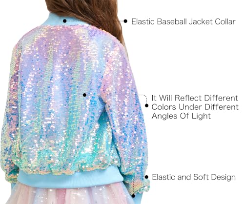 Girls Sequin Bomber Jacket Sparkly Bomber Outfit Long Sleeve Zipper Bright Colors 5-12T2