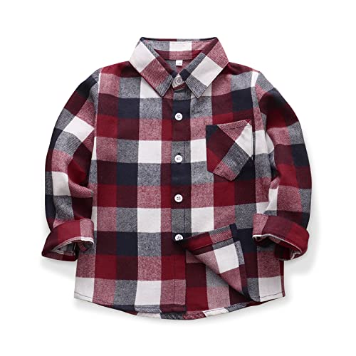 Ochenta Big Boys' Button Down Flannel Plaid Shirt, Kids Long Sleeve Christmas Tops E006 Red Blue Tag 150-7-8 Years #TOP12