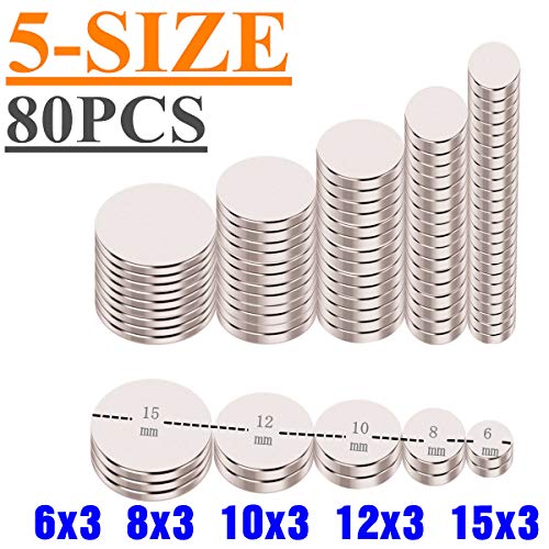 ELECFIND 80PACK, 5, 6x3, 8x3, 10x3,12x3,15x2, Round Refrigerator, Fridge Magnet Disc(Multiple-Sizes), silvery