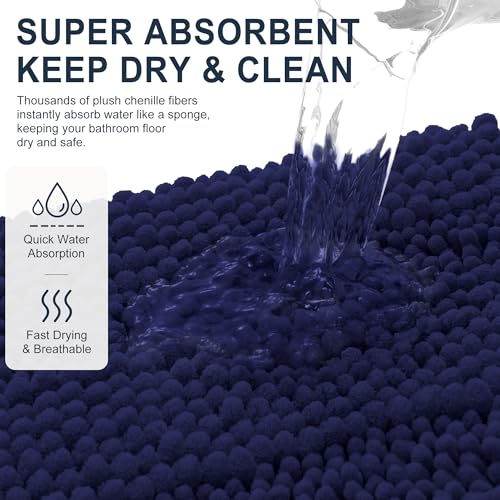 Image of Smiry Thick Small Chenille Bathroom Rugs 24x16, Extra Absorbent Striped Bath Mat, Machine Washable, Rubber Backing, Bath Rugs for Bathroom, Tub & Shower, Home Decor Accessories, Twilight Sapphire