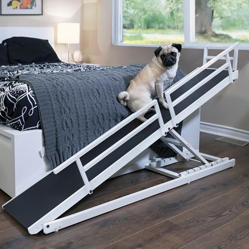 Dog Ramp for Beds - Solid Hardwood with 5 Finish Options - Adjustable up to 37" High Beds with Low Incline, Safety Rails & Anti-Slip Grip, For Small Dogs up to 50lbs - Made in North America